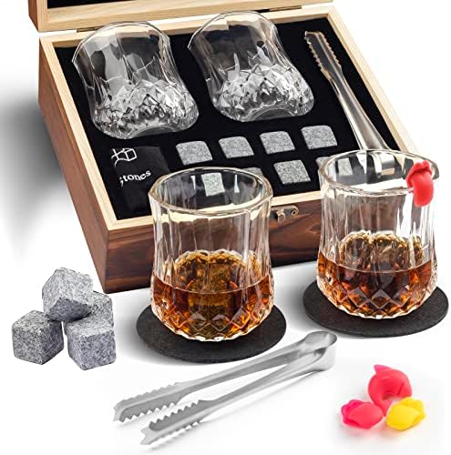 Kireace Whiskey Glasses Set of 2, Bourbon Whiskey Gifts for Men - Includes 8 Chilling Whiskey Stones, Wooden Box and Slate Coasters, Gift for Guy Men Boyfriend Dad Anniversary or Retirement