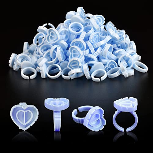 NXJ INFILILA Glue Rings for Eyelash Extensions 100PCS Disposable Rings For Lashes Lovely Heart Shape, Makeup Plastic Nail Art Glue Cups Lash Extension Supplies for Eyelash Extensions (blue)