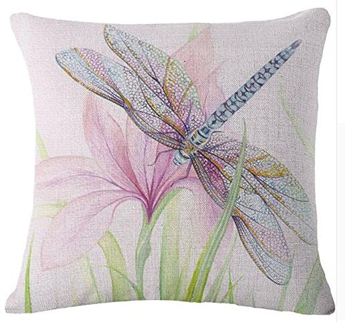 Bnitoam Ink Painting The Animal Dragonfly Cotton Linen Throw Pillow Covers Case Cushion Cover Sofa Decorative Square 18 inch (Dragonfly and Pink Flowers)