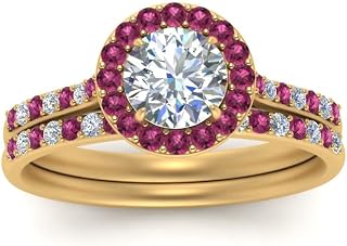 Choose Your Gemstone Round Halo Ring with Matching Pave Band Yellow Gold Plated Round Shape Wedding Ring Sets Everyday Jewelry Wedding Jewelry Handmade Gifts for Wife US Size 4 to 12