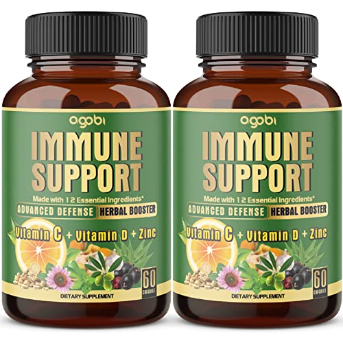 agobi 12in1 Healthy Immune Support Supplement with Extract Elderberry, Turmeric, Ginger, Olive, Echinacea, Astragalus, VitC, D3, Z-inc &More - 2 Packs 60 Capsules 4-Month Supply