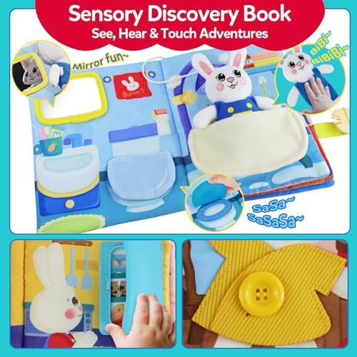 Image of Busy Book for Toddlers 1-3, Toddler Travel Toy and Montessori Quiet Book with Attached Bunny, 12 Fine Motor Activities Gifts for 1 Year Old Boys Girls Birthday Gift