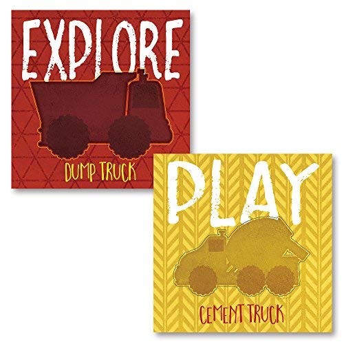 Leoner22art Sagebrush Fine Art Adorable Red and Yellow Chevron Construction Trucks Explore and Play Set, Two 8x10 inches Unframed Canvas Art Printed
