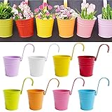 HEYPUB 8Pcs Hanging Flower Pots Metal Iron Bucket Balcony Planter for Indoor/Outdoor Railing Fence...