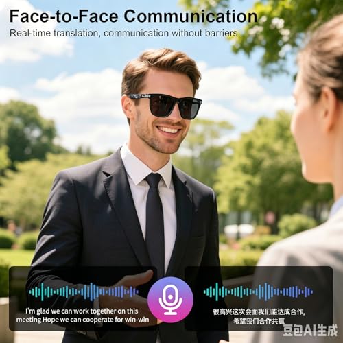 Image of AI Smart Glasses for Men Women, Bluetooth Translation Glasses with 169 Language, Auto On /Off by Wearing Sensor, Wide Face, UV400 polarized lens, Audio Smart Sunglasses for Travel Meeting Sports-Grey