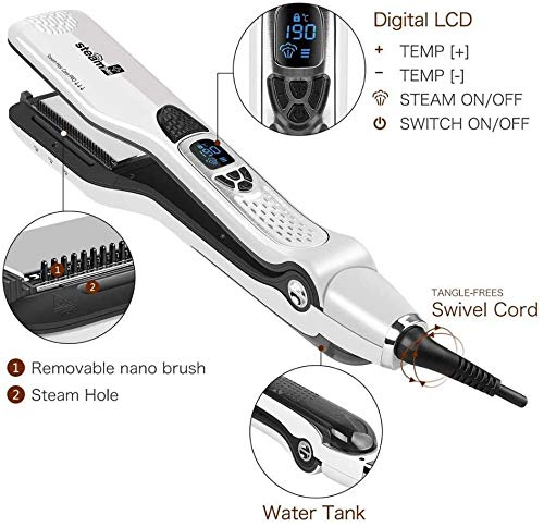 Close-up view of the steam hair straightener showing the removable nano brush and steam hole.