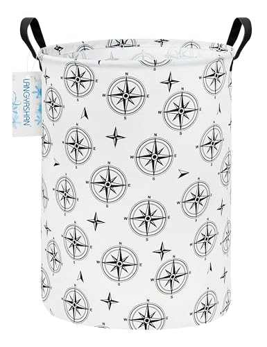 Image of Laundry Basket Canvas Fabric Collapsible Organizer Basket for Storage Bin Toy Bins Gift Baskets Bedroom Clothes Children Nursery Hamper (Black Compass)