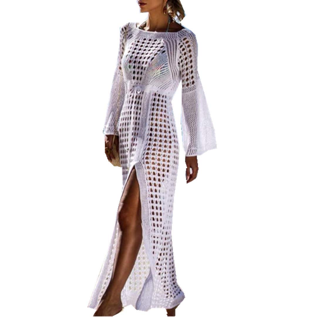 Women's Long Beach Cover Up Ladies Swimwear Hollow Out Bell Sleeve Dress Swimsuit Cover Crochet Lace Bikini Bathing Beachwear (White)