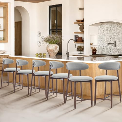 Image of COLAMY Upholstered Counter Height Bar Stools Set of 6, Kitchen Island Stools with Back, Modern Counter Stools Island Bar Chairs with Wood Legs for Kitchen Island Dining Room Bar, Light Grey