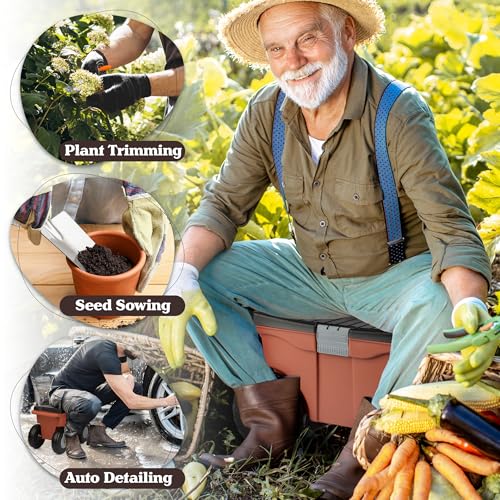 Image of Pure Garden Rolling Garden Cart with Seat - Plastic Storage with Bench and Tool Tray - Gardening Stool for Weeding or Planting (Terracotta)