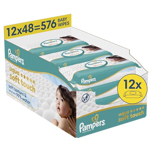 Pampers Aqua Soft Touch - Salviette umidificate per neonati, 12 confezioni da 48 salviettine umidificate per bambini, consistenza morbida e lozione con acqua al 99%