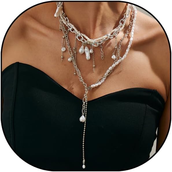 Layered Pearl Tassel Necklace for Women Long Chain Pearl Y2k Choker Charm Necklace Trendy Jewelry