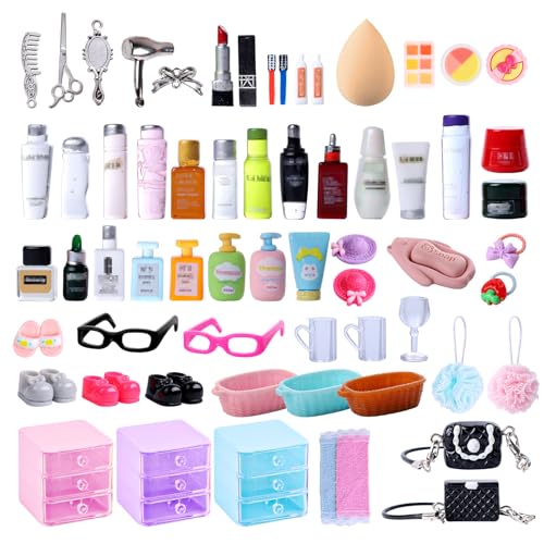 76pcs Miniature Dollhouse Accessories Dollhouse Bathroom Set with Makeup Set Towel Toothbrush Shampoo Toiletries Set Miniature Stuff Jewelry Storage Case Perfume Shoes Backpack for Girl Micro Scene
