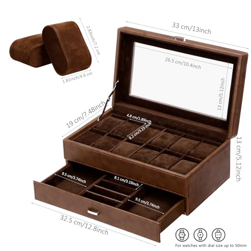 BEWISHOME Watch Box for Men Luxury Watch Organizer Faux Leather Watch Case with Jewelry Drawer, Real Glass Top, Metal Hinge, Brown SSH12Z