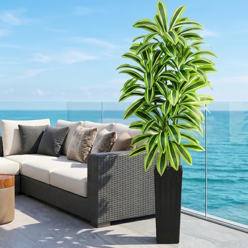 Image of Artificial Yellow Dracaena Tree Indoor, 7FT Tall Fake Floor Plants with Black Planter & Pebbles, Faux Silk Yucca Tree for Home Office Living Room Bedroom Farmhouse Modern Outdoor Topiary Tree