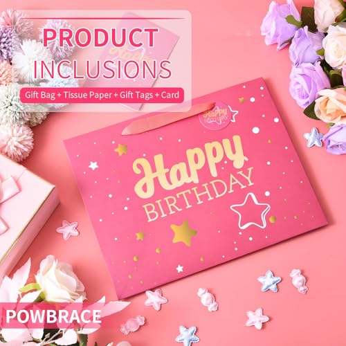Image of Powbrace 13 inch Pink Happy Birthday Gift Bag with Tissue Paper and Greeting Card for Party,Happy Birthday Gift Bag for Men Women,Gift Bags Medium size(5 PCS Pink Hot Stamping)