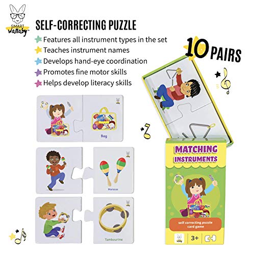 SMART WALLABY Musical Instruments Set & Puzzle Card Game for Kids | 15 Pcs. Toddler Wooden Toy Percussion Set with Xylophone Plus a Bonus Instruments Matching Puzzle (Little Band with Matching Puzzle)
