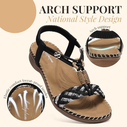 Image of Littleplum Women Sandals Arch Support Handmade Bohemian Braided Flat Sandals Comfort Walking Beach Ankle Elastic Summer Shoes