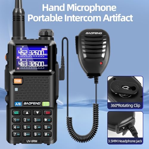 BAOFENG UV-5RM radio with an attached hand microphone, highlighting its portable intercom artifact features including a 360-degree rotating clip and 3.5mm headphone jack.