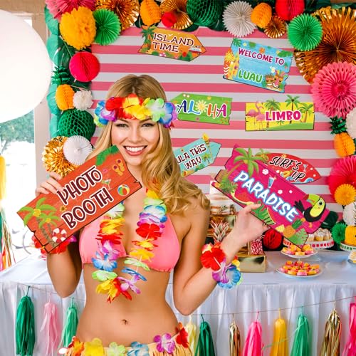 Image of 20 Pieces Luau Party Decorations Hawaiian Party Welcome Sign Summer Tropical Party Direction Signs for Fiesta Hawaiian Luau Tiki Themed Birthday Wedding Party Supplies with 2 Sheet Stickers