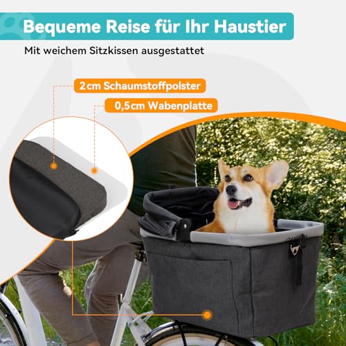DAISTERN Hundefahrradkorb bis 12kg für Gepäckträger mit Metallrahmen, Schnellmontage-Halterung, Netzfenster, weichem Sitzkissen, Reflektorstreifen, faltbar, passend für E-Bikes & Citybikes