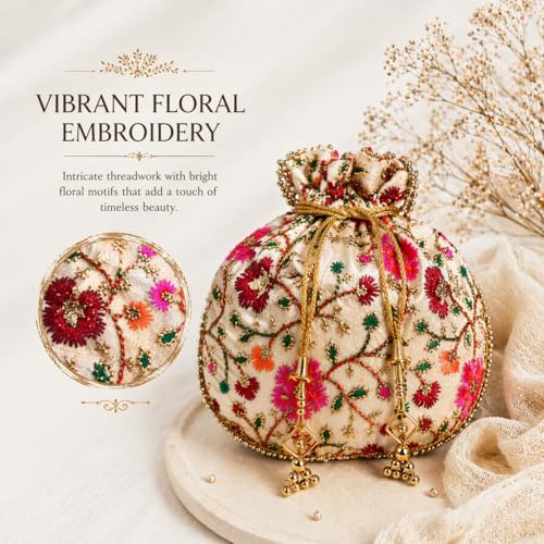 Image of Women's Multicolour Floral Embroidered Silk Potli Bag, Handcrafted Ethnic Drawstring Purse for Wedding, Party, Festive, Bridal