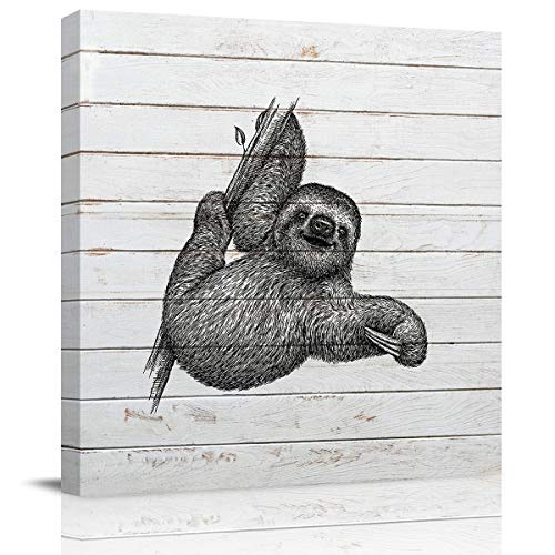 Canvas Wall Art Animals Painting on Canvas Stretched and Framed Canvas Paintings Ready to Hang for Home Decorations Wall Decor 20x20 inch, Black Sloth Holding a Branch Wood Grain
