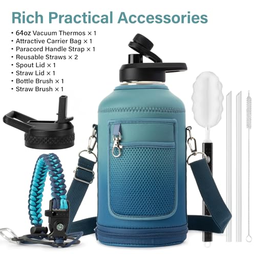 Insulated Water Bottle | Thickened Stainless Steel Vacuum Metal | Portable Sports Half Gallon Large Water Jug for Gym and Hiking with Straw, Carrier Bag, Handle Strap | BPA-Free 64 oz