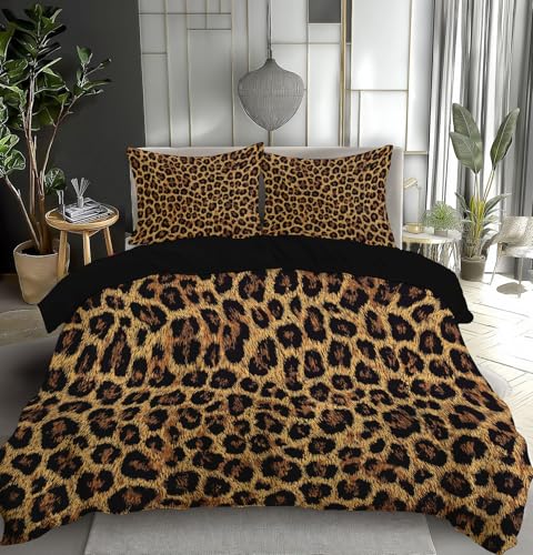 Parure de lit motif léopard 240x260cm anti-plis en microfibre douce avec zip pour couette lourde