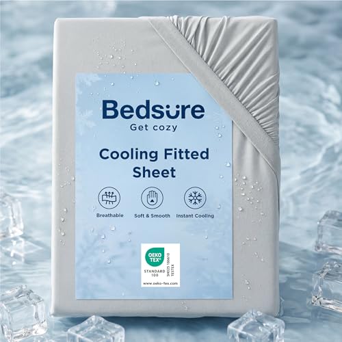 Bedsure Double Cooling Fitted Sheet Soft Breathable Deep Pocket Bed Sheet Cool to Touch Wrinkle Resistant Gray