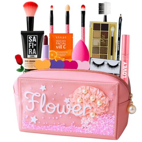 Bolsa Maquiagem Profissional Completa Kit Make Rosa Pincéis Paleta Sombras (MEDIA)