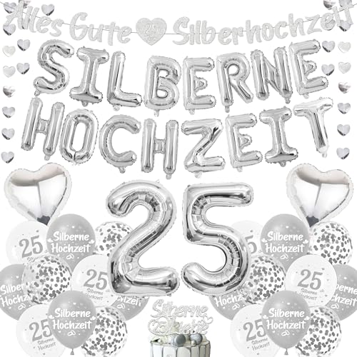Silberhochzeit Deko Luftballons Girlande Set - Silber Hochzeitstag Folienballon Banner und Tortendeko, Garlande Zahl Ballons zum 25. Jubiläum Silberne Hochzeit Party Dekoration