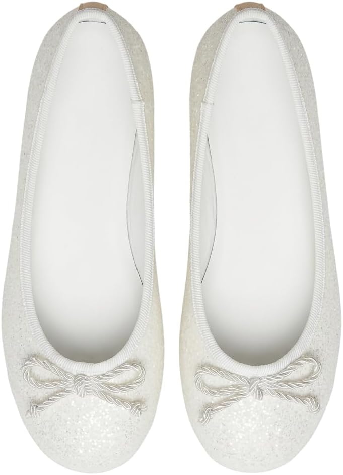 SIRRI Girls White Glitter Ballerina Flats Bow Dress Shoes Wedding Party Ballet Pumps