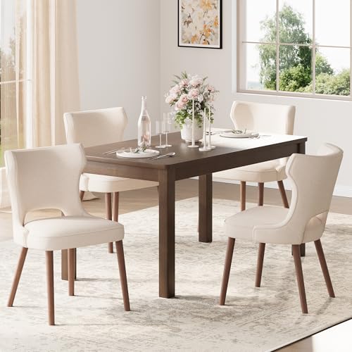 Image of Wooden Dining Chairs Set of 4, Farmhouse Dining Room Chairs with Solid Wood Legs, Mid Century Fabric Kitchen Chairs, Upholstered Chair for Restaurant & Cafe- Beige