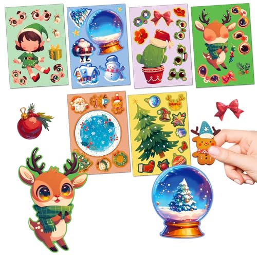 6枚セットDIYパズルステッカークリスマストナカイスノーフレーククリスタルボール人気、クリエイティブ換顔おしゃれ防水手帳デコキラキラ祭りデカールノート水筒スマホケーススケボー旅行バッグギターPC文具子供部屋ごほうびシール用