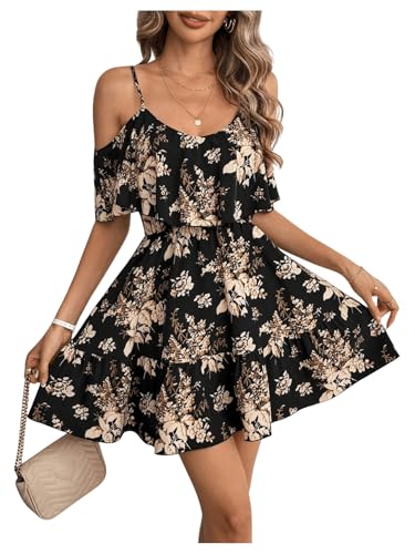 SOLY HUX Women's Boho Floral Print Cold Shoulder Dress Short Sleeve Ruffle A Line Vacation Elegant Mini Dresses
