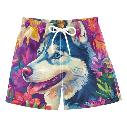 DOMIKING Husky Flowers Colorful Toddler Boys' Swim Trunks Mesh Lining Swim Shorts for Boy Kids Adjustable Waist 2T