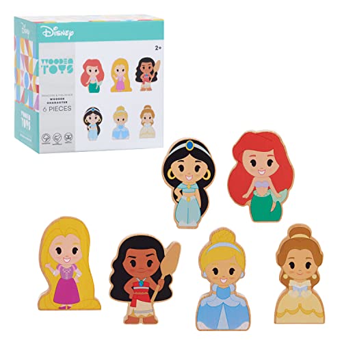 Image of Disney Wooden Toys Just Play Disney Princess Figures 6-Pack, Ariel, Rapunzel, Moana, Jasmine, Belle, and Cinderella, Kids Toys for Ages 2 Up, Amazon Exclusive