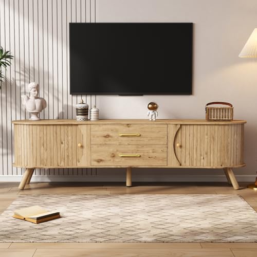 PUGSDRLY Meuble TV Bois 160cm avec Portes Coulissantes, Design Scandinave, Meuble Salon Forme de Haricot et Cannelé, Support Télé avec 2 Tiroirs, Pieds en...
