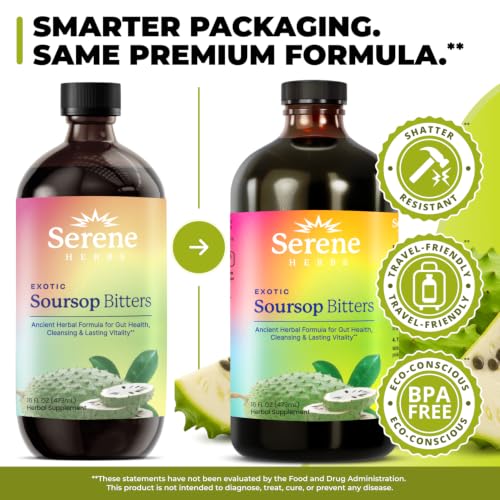 Image of Serene Herbs Soursop Bitters Liquid with Soursop Leaves for Gut Cleanse, Detox & Immune Boost with Black Seed, Moringa, Irish Moss, Ashwaganda, Turmeric, 16 fl oz (16 Fl, Soursop)