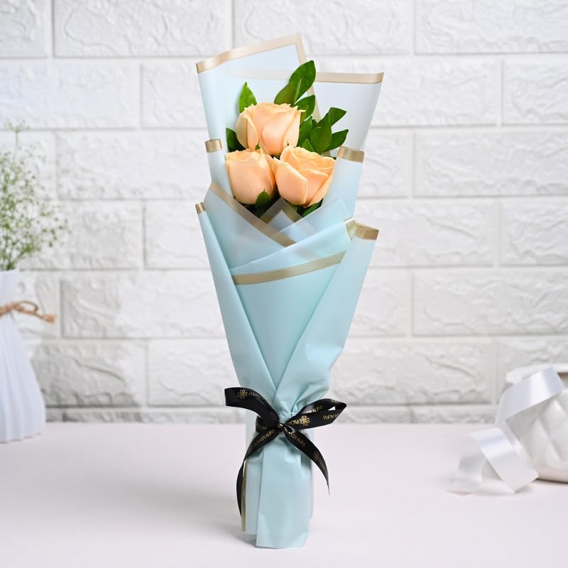 Image of FlowerAura Premium Fresh Live Flower Bouquet of 3 Peach Roses In Designer Paper Gift For Birthday | Anniversary | Love | Home Decor | Fathers Day Gift For Dad (Same Day Delivery)
