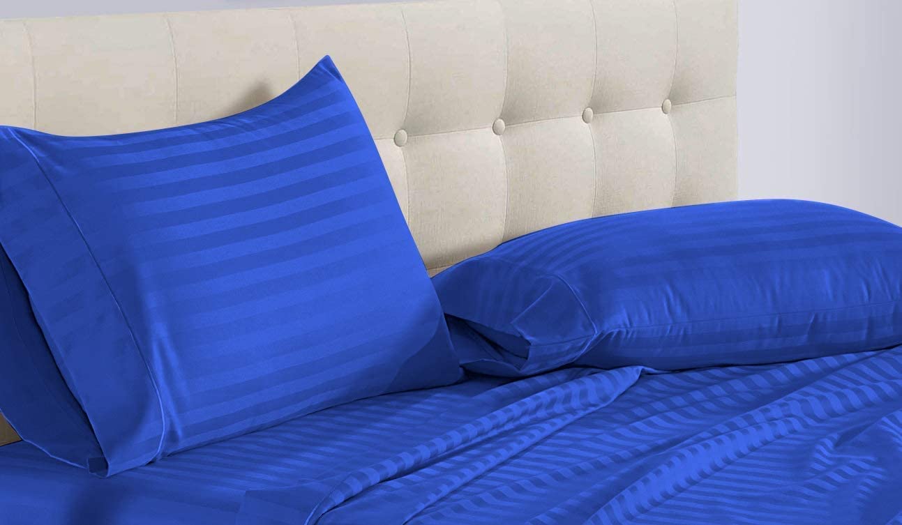 LUXURIOUS BEDDING 800-Thread-Count Egyptian Cotton Wrinkle Resistant 25" Deep Pocket 4 PC Sheet Set (1 Fitted + 1 Flat + 2 Pillow Cases) Super King Egyptian Blue Striped — image 1