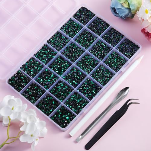 Image of Hotfix Rhinestones Kit,Emerald,Mixed 5 Sizes 14400pcs | Dark Green Hot Fix Crystals, for Bedazzling Clothes Crafts, with Wax Pencil,Tweezers and Spoon,SS6-SS30