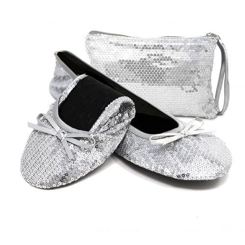 Silky Toes Foldable Sequin Shoes for Women | Comfortable Dressy Flats for Weddings, Parties & Events | Ballet Purse Slippers Silver