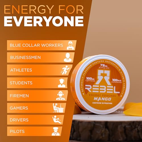 Rebel Supplements Nootropic Energy Caffeine Pouches • 100Mg Caffeine • Alpha Gpc • Huperzine A & Essential Vitamins • Sugar Free • Coconut Fiber Technology • Mango Flavor • 15 Pouches By La