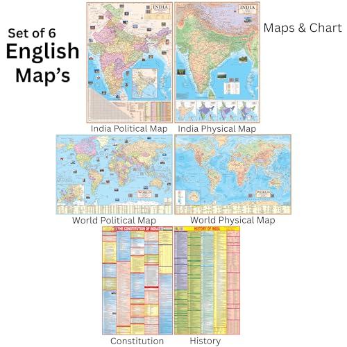 Image of 6 Premium Wall Maps - India Political, India Physical, World Political, World Physical, Constitution of india, History of india Chart Map - English Medium Map (70x100 cm) - 90 GSM Thick Paper, Bright & Durable Print - Ideal for SSC, UPSC & Competitive Exam Preparation