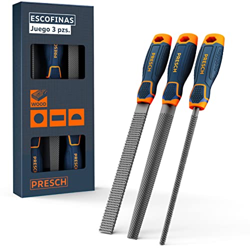 Presch Escofinas Madera 3pcs - Juego de escofinas para madera que incluye escofina plana, media redonda y redonda - Juego de escofinas profesionales con 200mm para madera