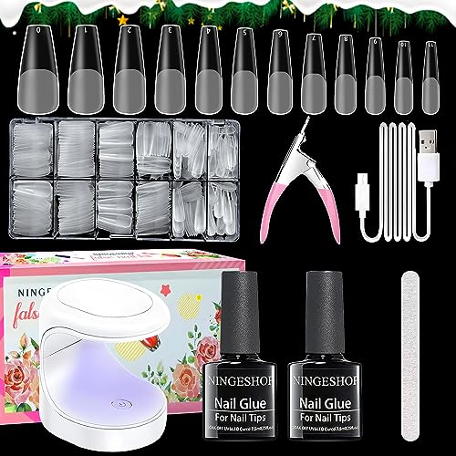 LOVICVKEM Kit Uñas, Nail Kit de Tips Uñas Gel con Pegamento, 600 Piezas De Uñas Postizas Con Pegamento De Uñas 2 en 1 y Lámpara De Uñas Mini Lde Kit De Uñas De Acrílico Para Principiantes