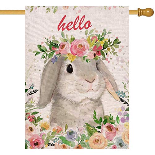 Furiaz Home Decorative Hello Easter Bunny House Flag, Spring Rabbit Garden Yard Outdoor Decoration Rose Flowers Sign, Holiday Floral Burlap Seasonal Outside Decor Large Double Sided 28 X 40 #TOP28