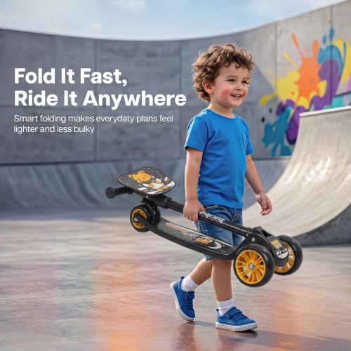 Image of Baybee Trickster Baby Kick Scooter for Kids | Foldable 3 Wheel Kids Scooter with 4 Height Adjustable, Foot Brake | Runner Scooters with Magic Board | Skate Scooter for 2+ Years Boy Girl (Black /Yellow)